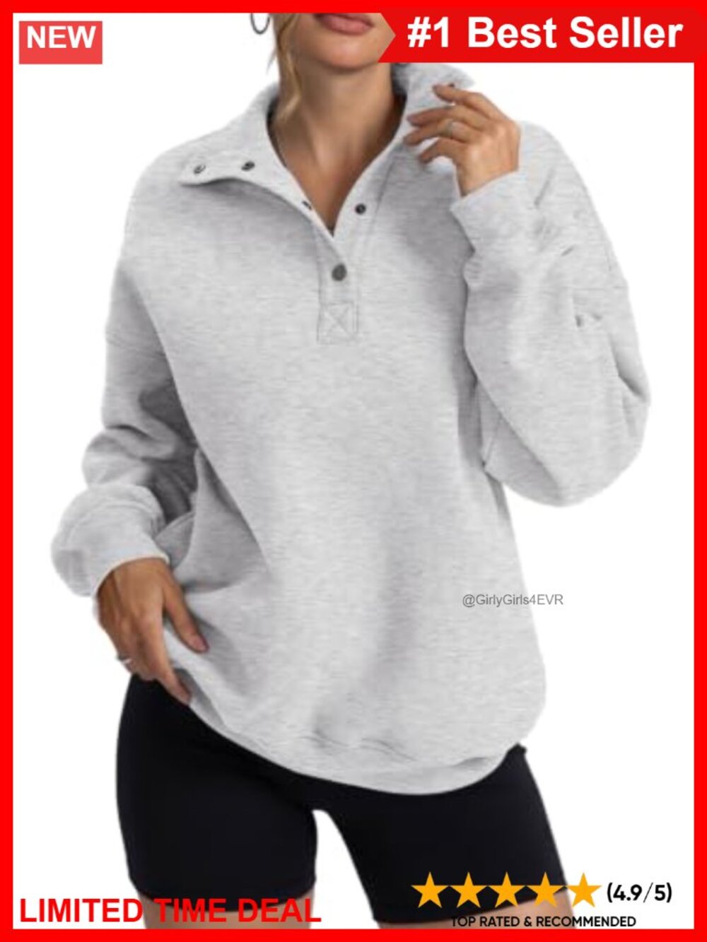 Oversized Henley Neck Fleece Sweatshirt Pullover Button Up Long Sleeve